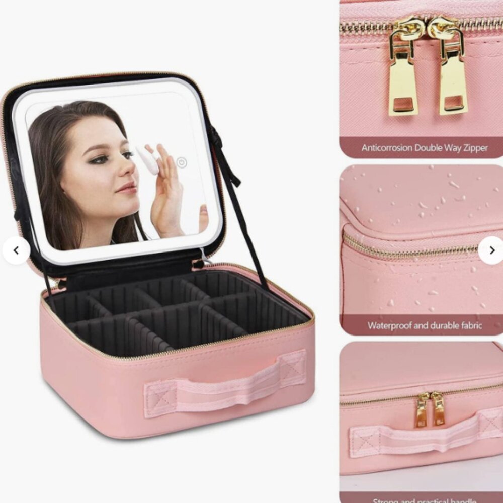 Travel Makeup Bag LED Mirror Train Case Light up Mirror Portable Organizer Case